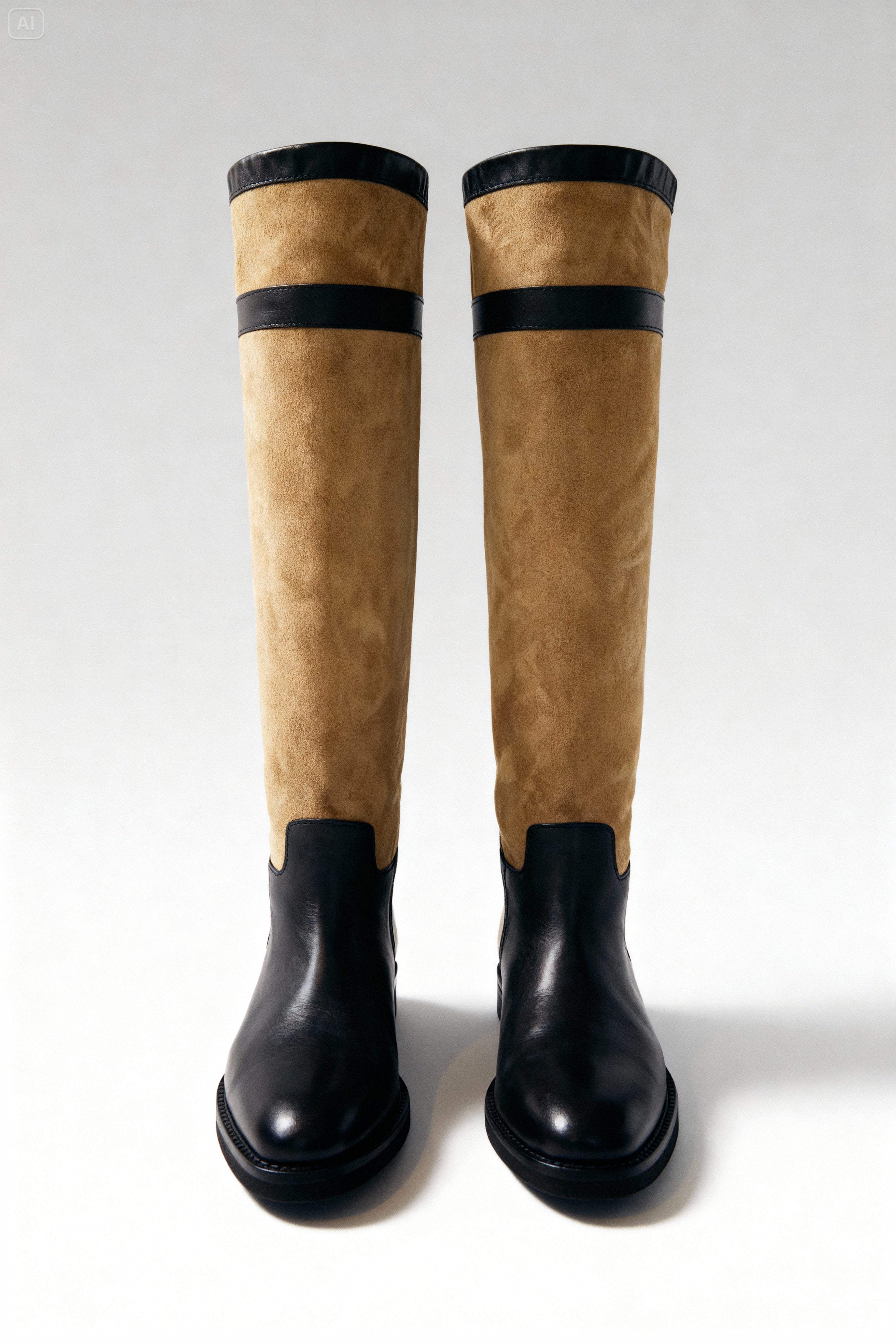 Bej & Siyah Süet-Deri Çizme