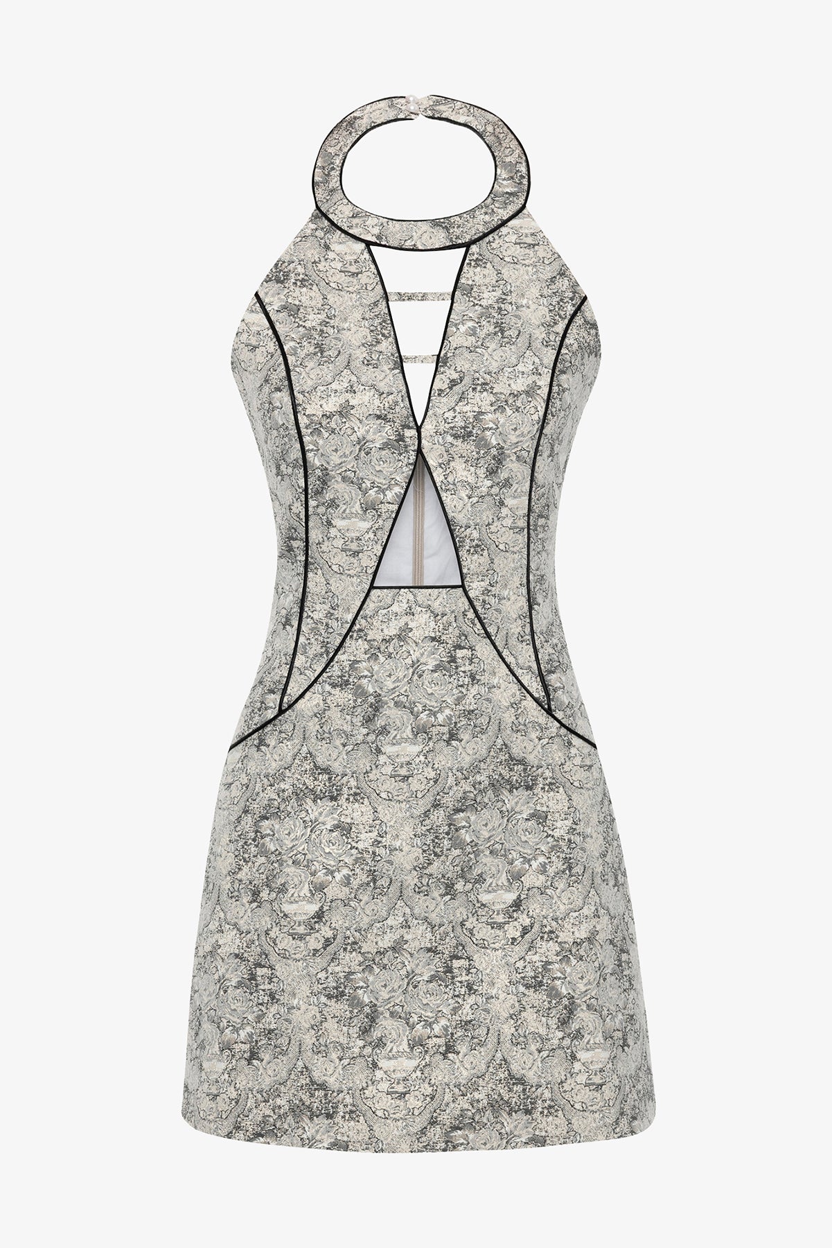 Gri & Beyaz Desenli Jakar Elbise