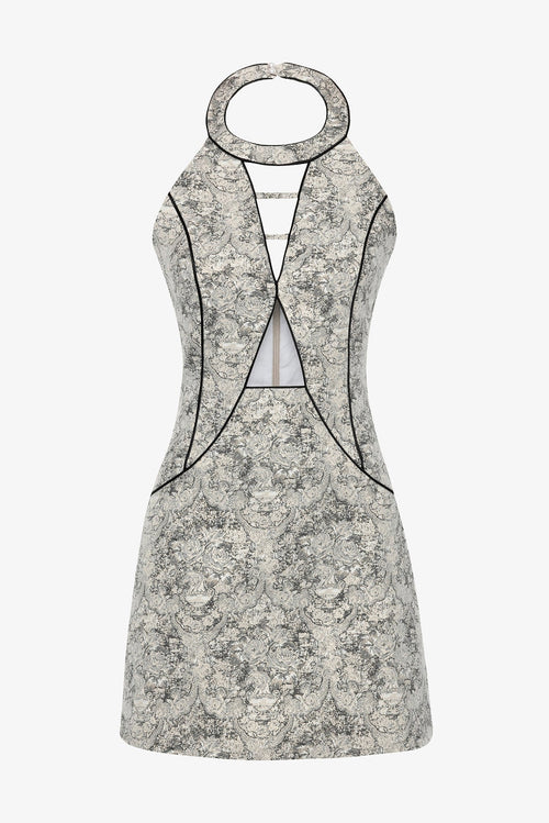 Gri & Beyaz Desenli Jakar Elbise