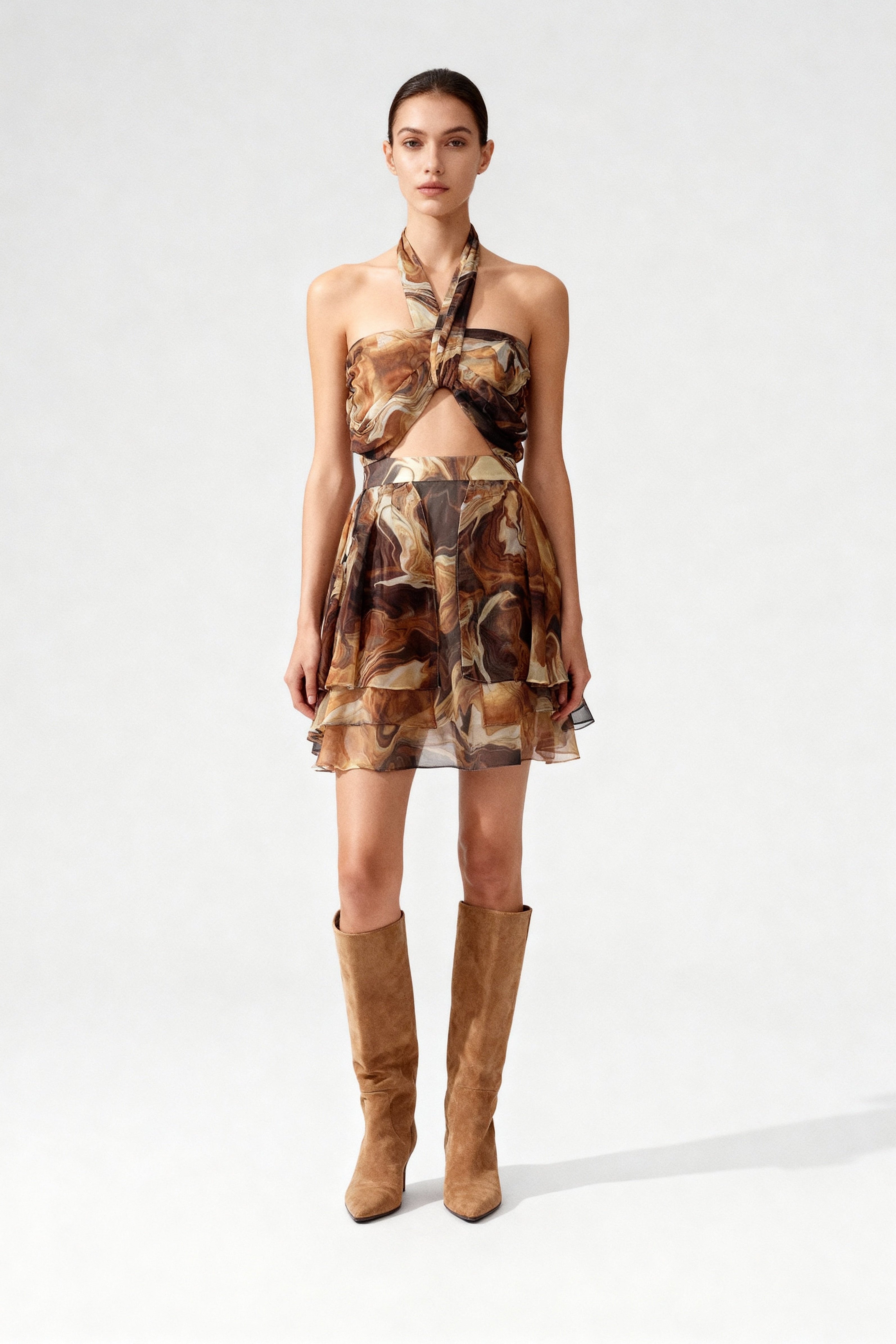 Turuncu & Kahve Şifon Elbise