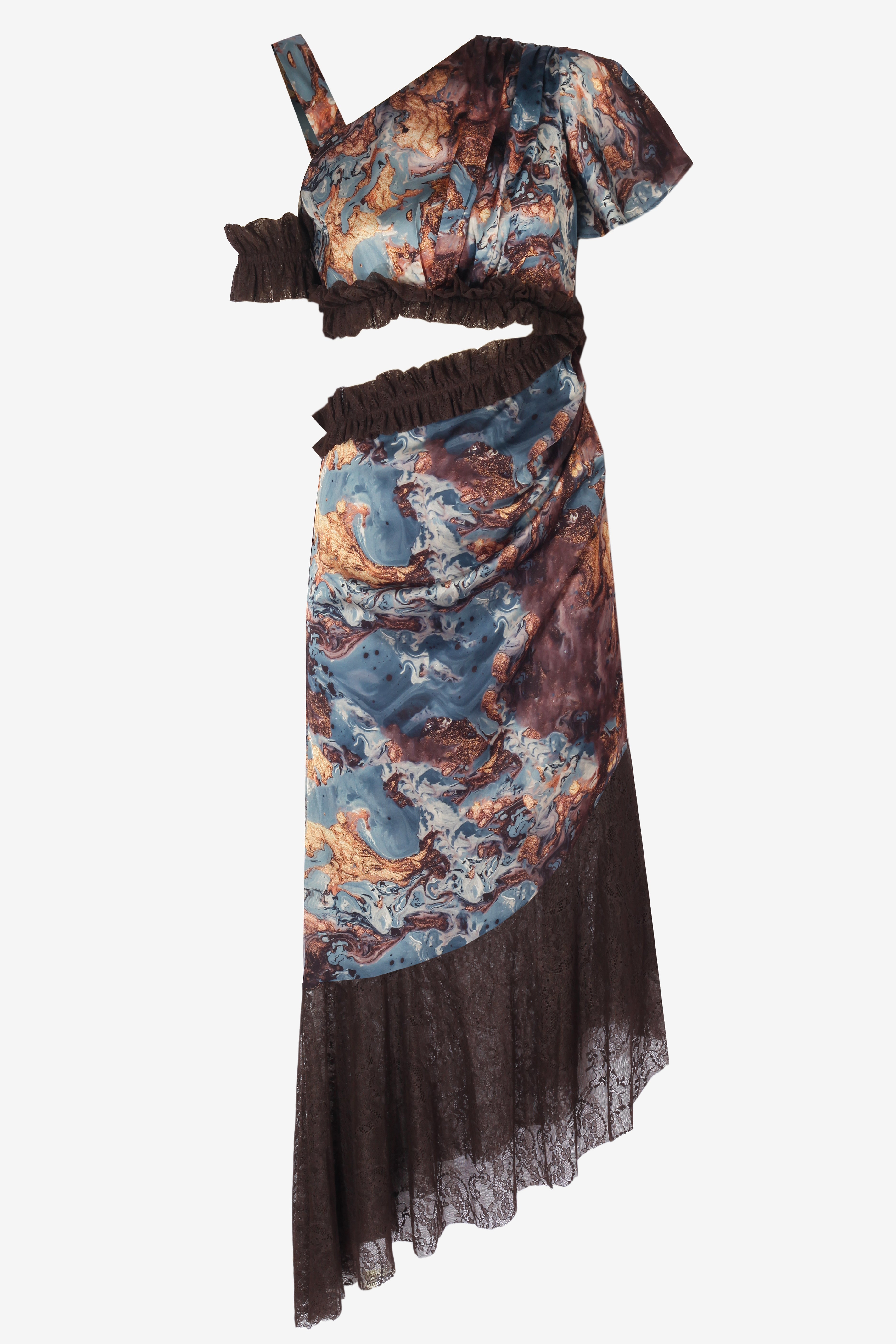 Lacivert & Kahverengi Desenli Kupra Elbise