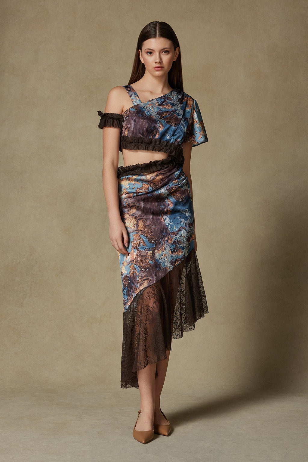 Lacivert & Kahverengi Desenli Kupra Elbise