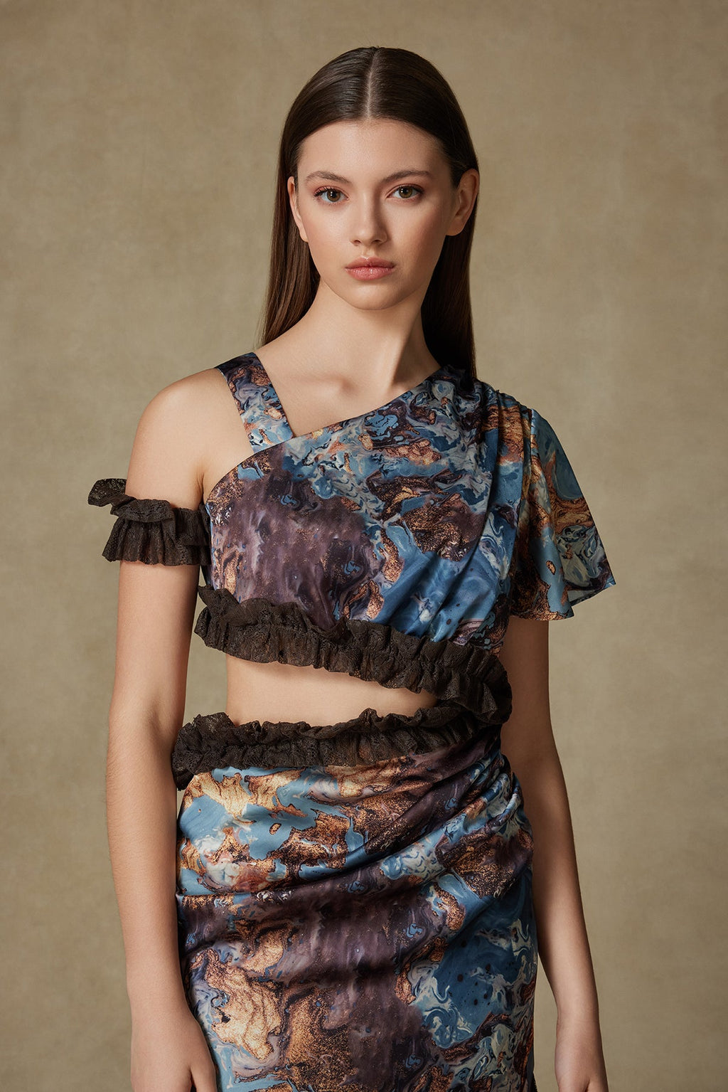 Lacivert & Kahverengi Desenli Kupra Elbise