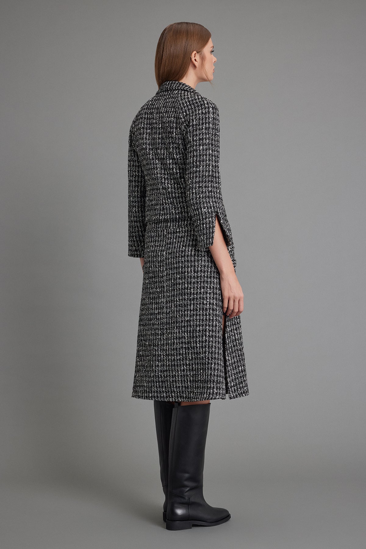 Siyah & Beyaz Derin Yırtmaçlı Kırçıllı Tüvit Etek