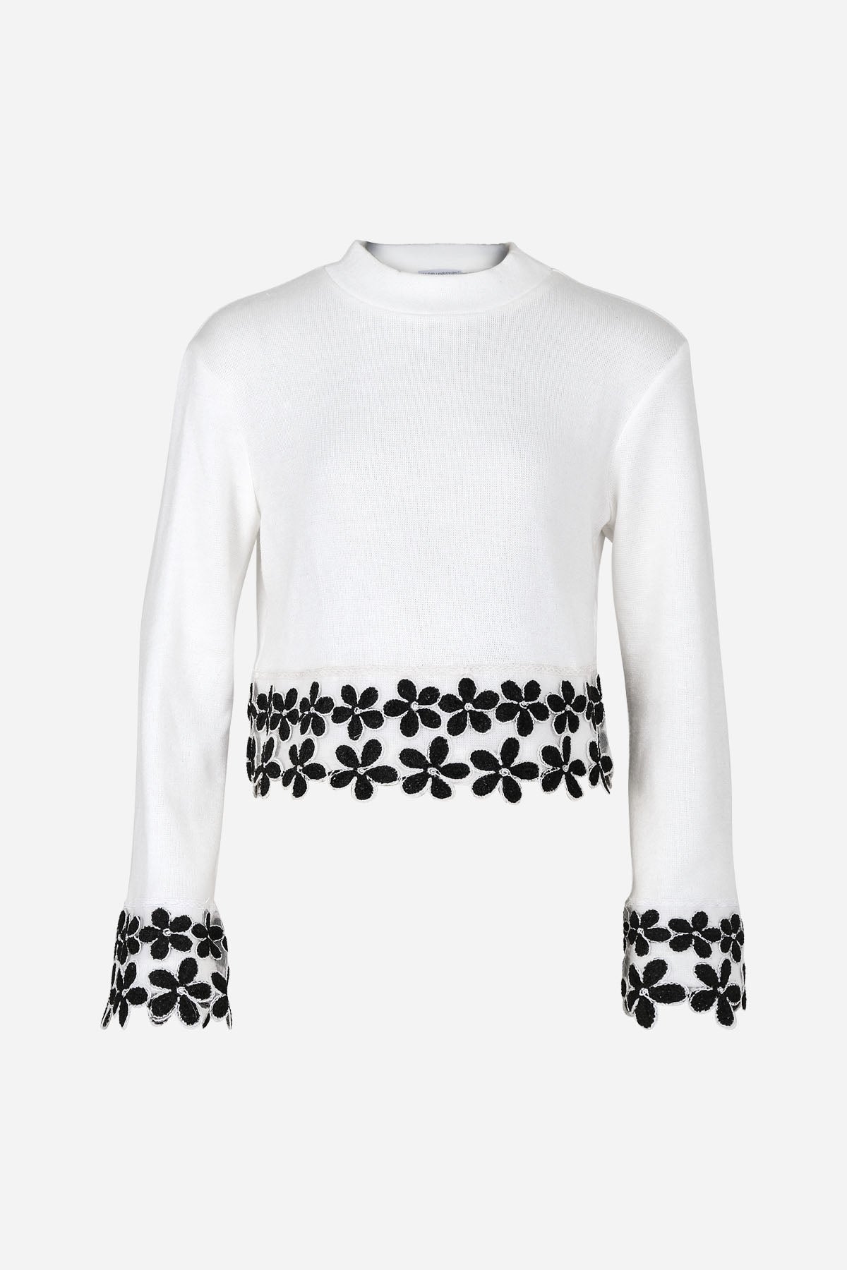 Beyaz Çiçek Aplikeli Kazak